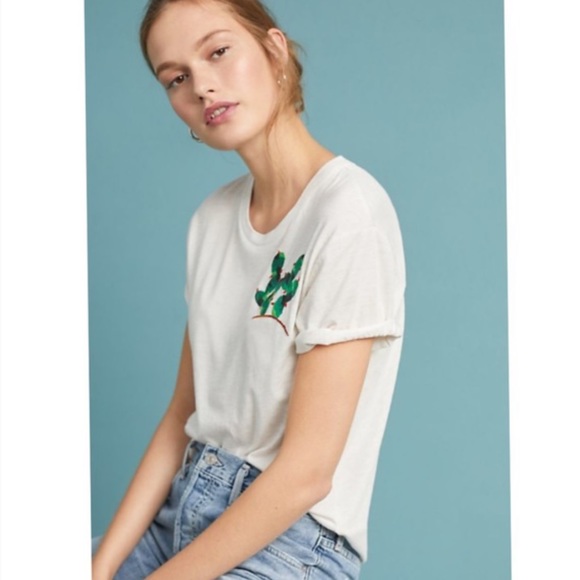 Anthropologie Embroidered Succulent Tee - Picture 1 of 2